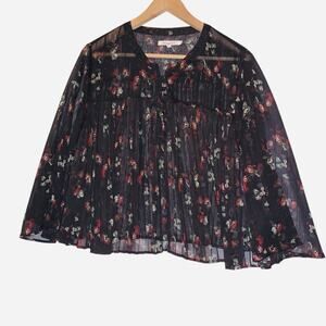 Avec Les Filles Size L Womens Sheer Floral Pleated Blouse Black Crop 3/4 Sleeve